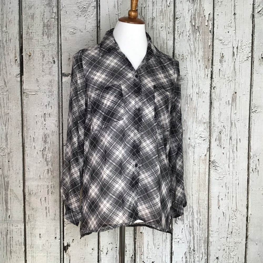 Band of Gypsies Womens Black White Plaid Sheer Paisley Long Sleeve Button Up  XS
